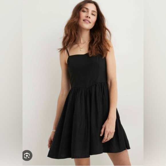 aerie Dresses & Skirts - Aerie 2023 Love Of Linen Blend Mini Dress Woman Large Black Pockets Smocking